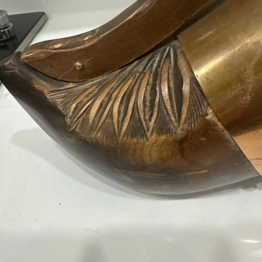 VIntage Carved Wood Clog/Shoe COPPER BAND Wine Bottle Holder- See Pics!